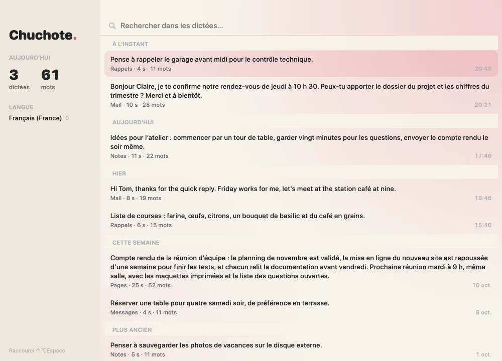 La fenêtre de Chuchote : les dernières dictées classées par moment, avec la recherche en tête